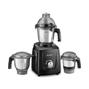 Sujata MG02 Mixer Grinder|1000 Watts Double Ball Bearing Motor|24000 RPM|Non-Stop 90 Mins Running|3 Food Grade Steel Jars including 1500ml Multipurpose, 1000ml Grinder, 500ml Chutney Jar| (Black)