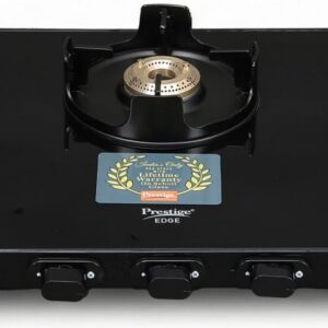 Prestige Edge Schott Glass-Top 3 Brass Burner Gas Stove | Black Ultra-Slim Body | Jumbo Burner | Pan Support With Flame Protection Guard