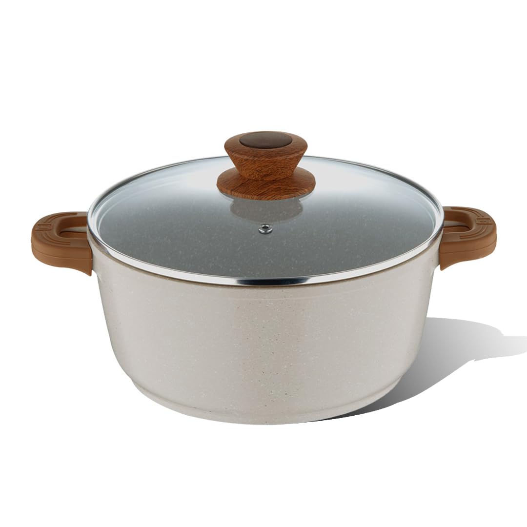 Bergner Naturally DieCast NonStick Casserole with Glass Lid, Capacity, Free Woven Trivet, Heat Resistant Silicone Handle Grips, White Granite Finish, Induction & Gas ready, 1-Year Warranty