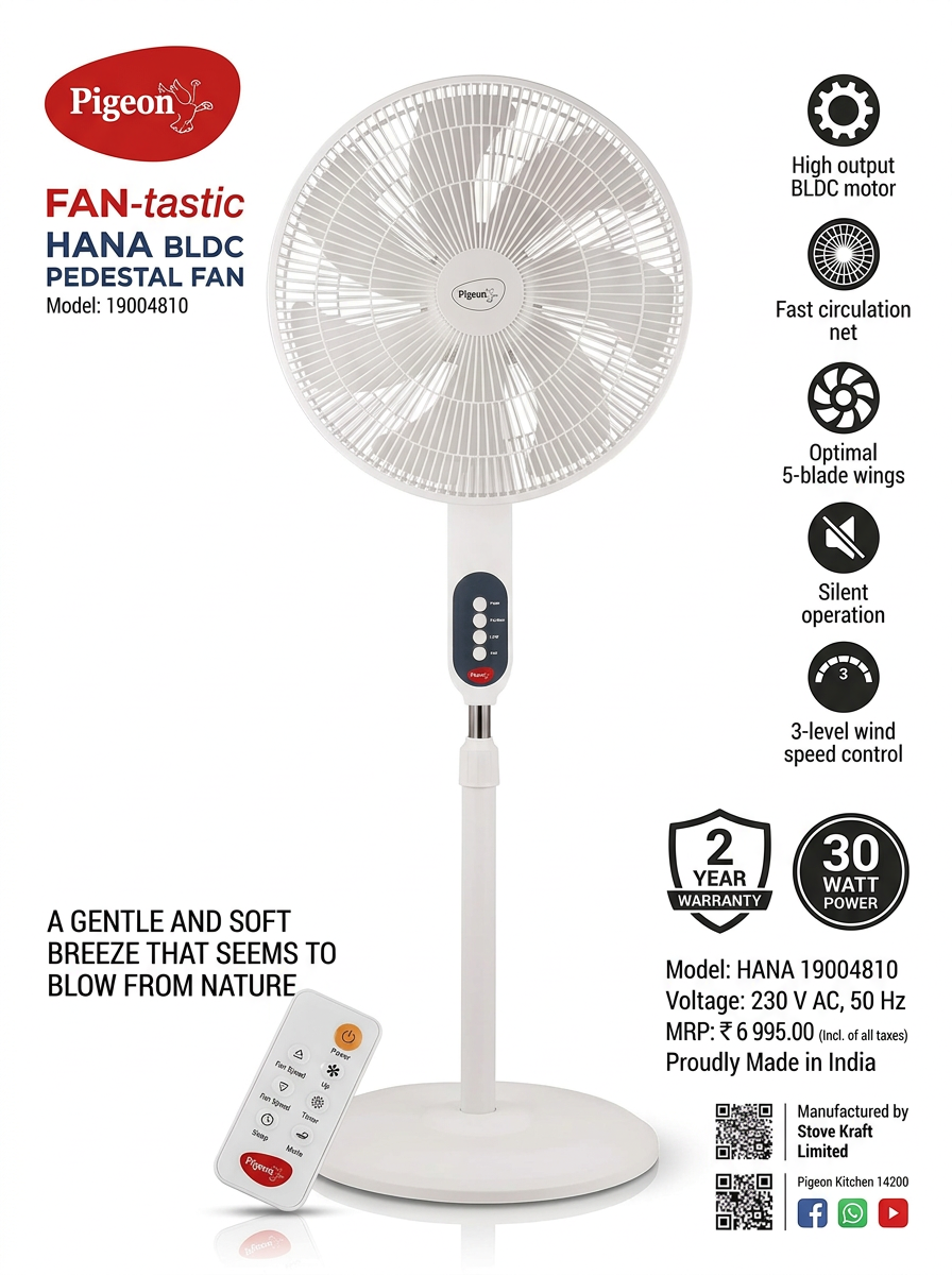 Pigeon FAN-tastic BLDC Pedestal Fan 30W with Remote Control | Energy Saving