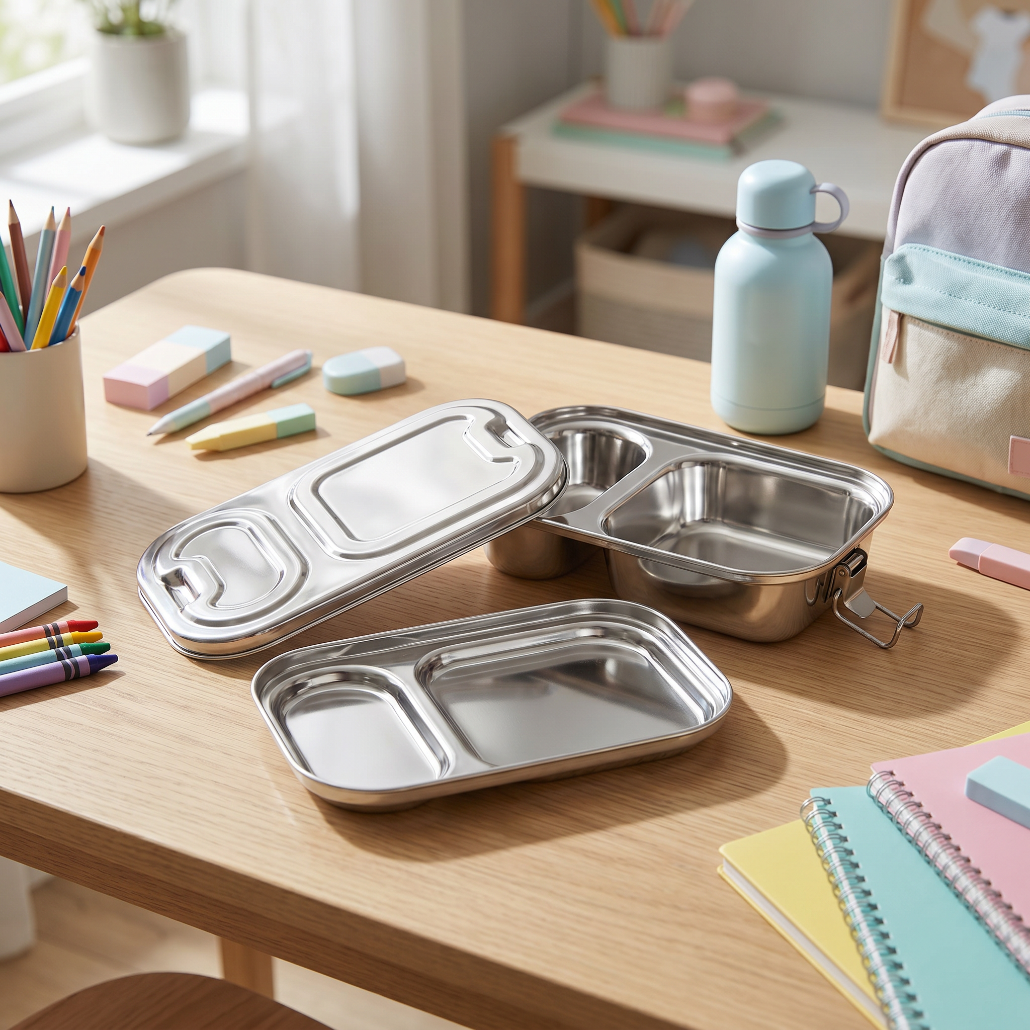 Kitchen Mart SS 304 Stainless Steel Bento Box – 2 Compartments, Clip Lock