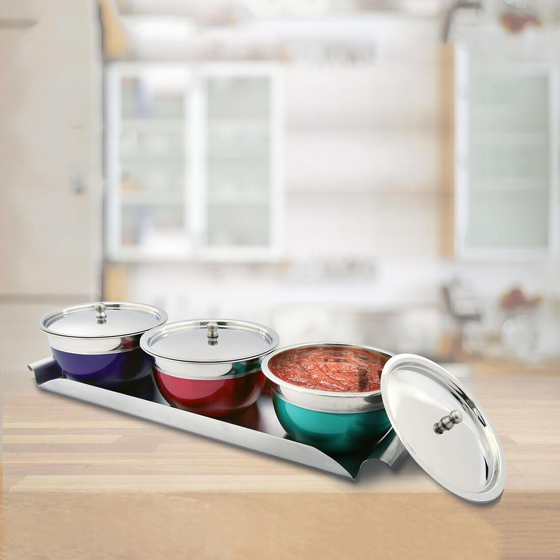 Stainless Steel Serving Bowl Set with SS Lid and Tray Miska