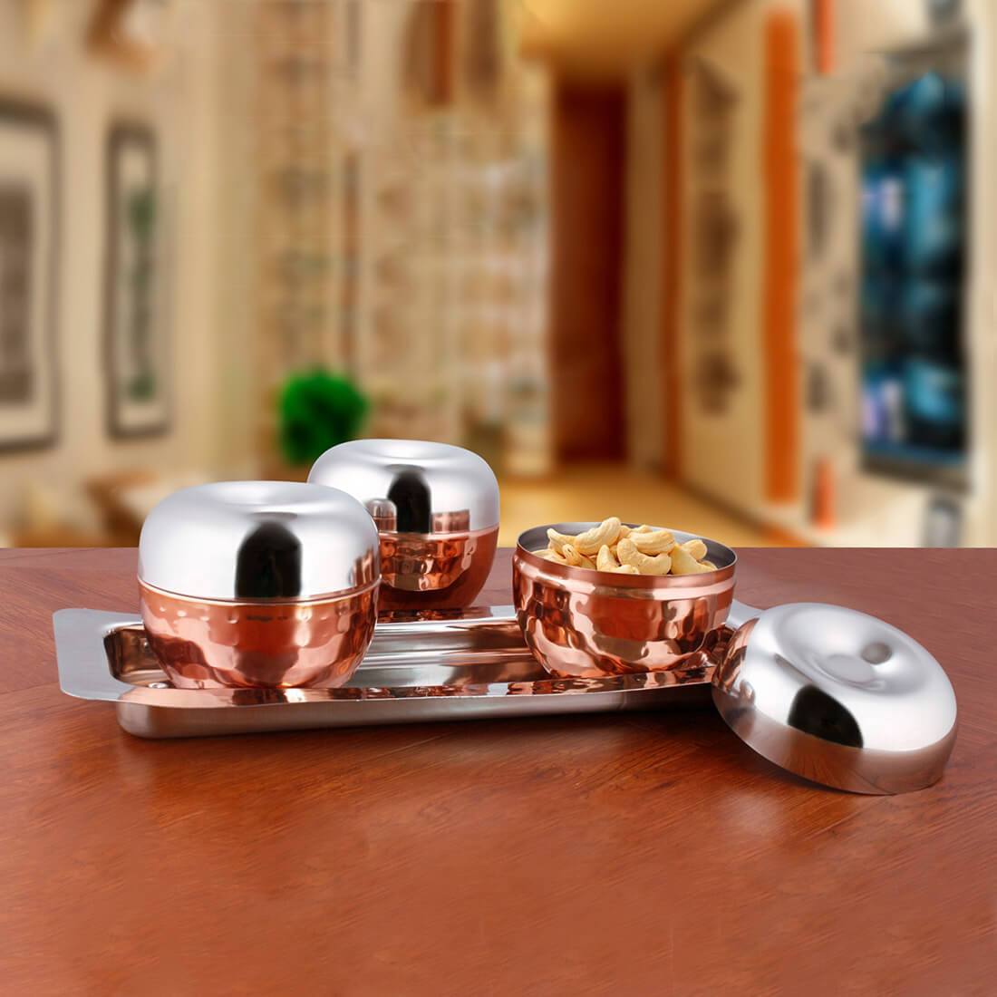 Stainless Steel Copper Hammered Canister Set with SS Tray Volga