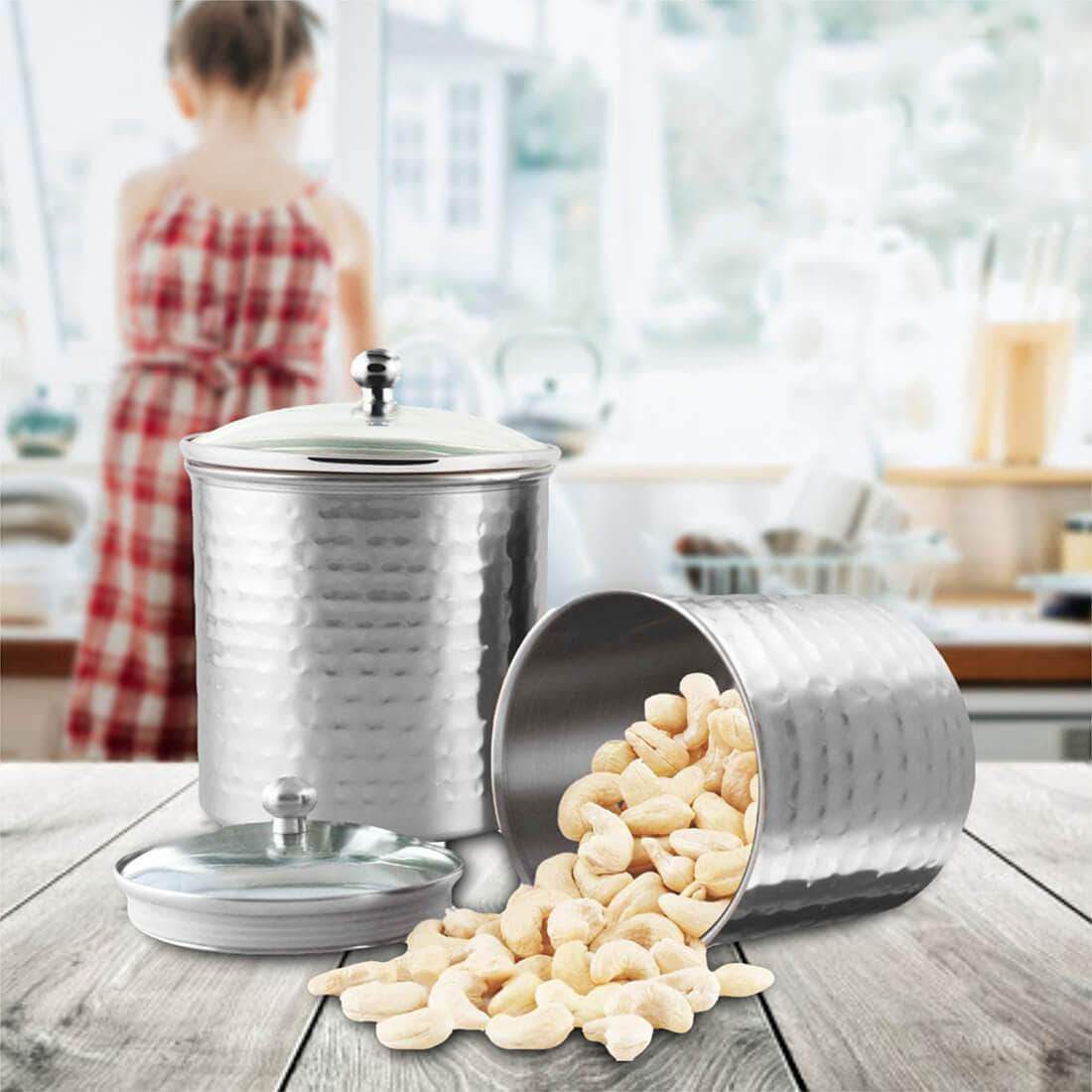 Stainless Steel 2 PCS 700 ML Hammered Storage Canister with Air Tight Glass Lid Candy