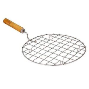Kitchen Mart Stainless Steel Roaster Papad Jali, Pizza, Barbecue Grill with Wooden Handle (Round 17 CM)
