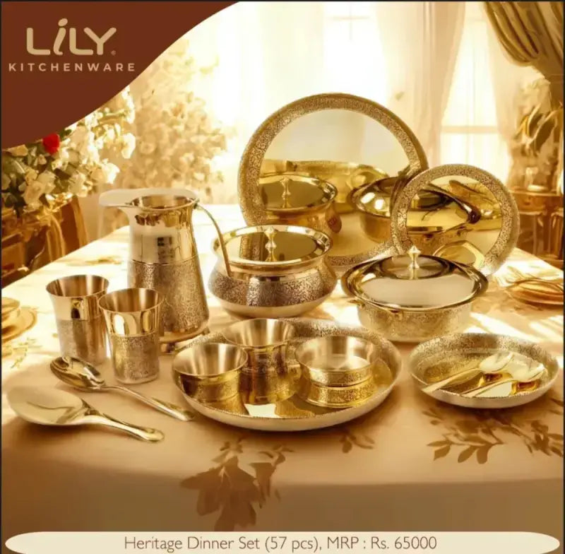 Lime lily Brass Heritage Dinner set 57 pieces, Pital, Peetal Dinner Set