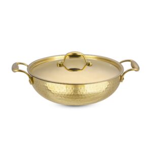 LIME Brass Kadhai With Kalai (Tin) Coating Teflon Free Naturally Non Stick Brass Kadai for Cooking Serving with Lid Handle On Both Side Heat Resistance