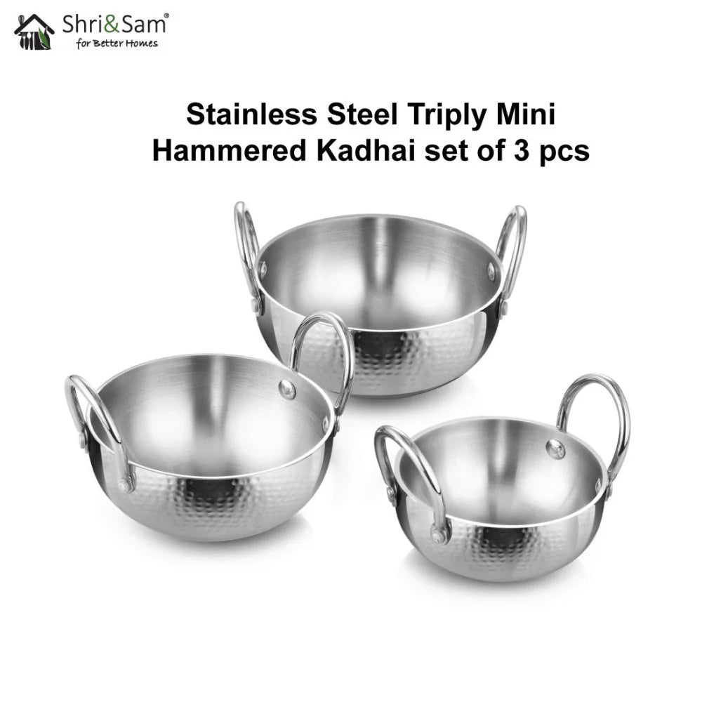 SHRI & SAM Stainless Steel Triply Mini Hammered Kadhai set of 3 pcs